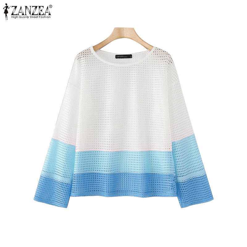 ZANZEA ใส่ ซานเซีย ผู้หญิงวินเทจแฟชั่นไล่โทนสีแขนยาวเย็บปะติดปะต่อกันเสื้อหลวม