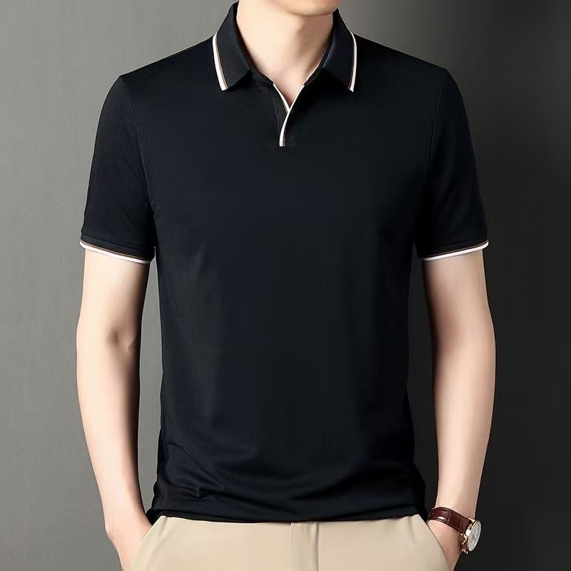 BECoolMan เสื้อยืดผู้ชาย ปกพับ เข้ารูป สีล้วนเรียบง่าย การเดินทางเพื่อธุรกิจ