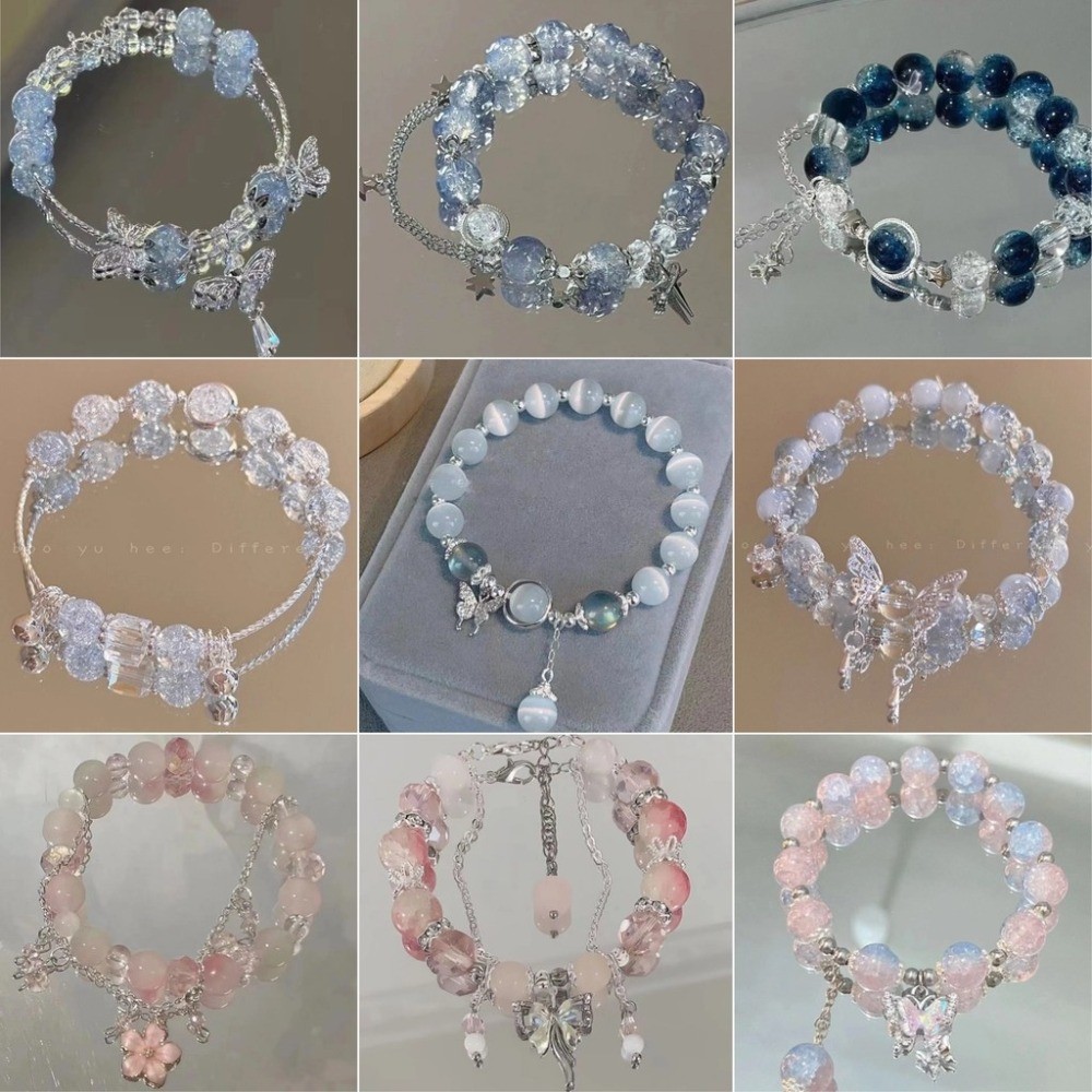 สร้อยข้อมือจี้ลูกปัดผีเสื้อเคลือบระเบิดสีไล่ระดับสีหวานสําหรับผู้หญิงสาว