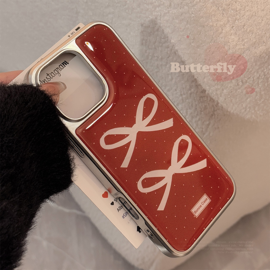 [Sheren] ไวน์แดงวินเทจโบว์กรณีโทรศัพท์สำหรับ i16 15 14 13 12 11 pro max เคสไอโฟน