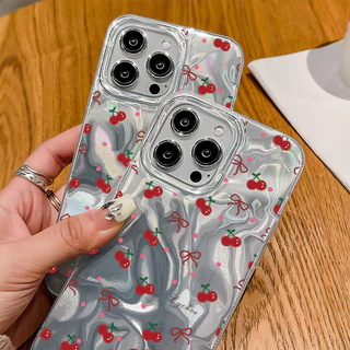 แฟชั่น เชอร์รี่🍒 เคสโทรศัพท์ For IPhone 12 13 15 16 11 14 Pro Max XR X 7 6S 8 6Plus XS Max SE เลเซอร์ แวววาว ตลกดีนะ เคส
