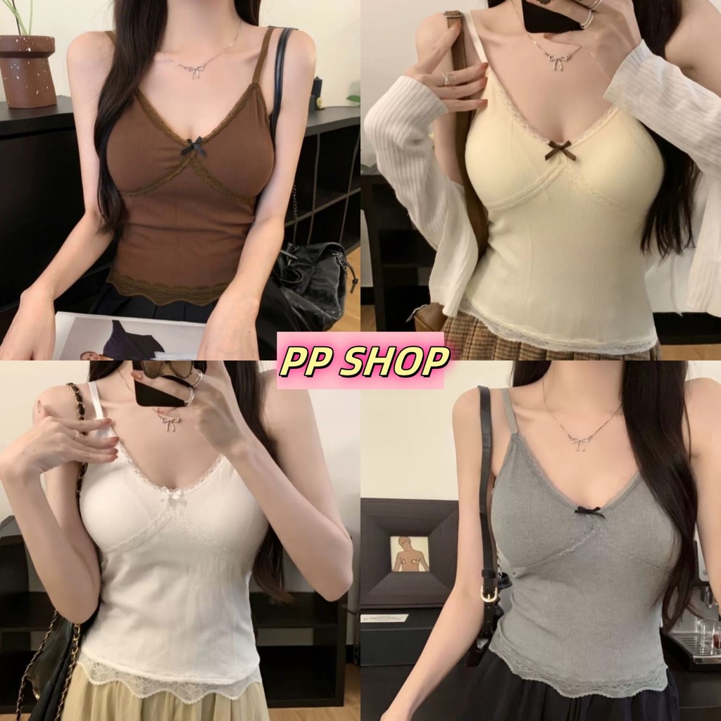 PP Shop​ ​พร้อมส่ง เสื้อสายเดี่ยวมีฟองน้ำ สีพื้น สไตล์ลำลองเสื้อครอป เข้ารูป คอวีแฟชั่นฤดูร้อน แต่งลูกไม้ ผ้ายืด#FY2076