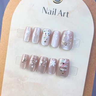 398-43210PCS รูปอัลมอนด์เล็บปลอมชุดต่อเล็บกดบนเล็บ Cat Eye
