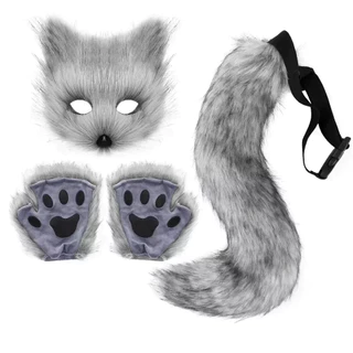 ขนปุย Fox Tail Cat Paws ถุงมือและหู Headwear Face Mask คอสเพลย์เครื่องแต่งกาย Wolf Therian หน้ากากชุด Halloween Party Accessorie