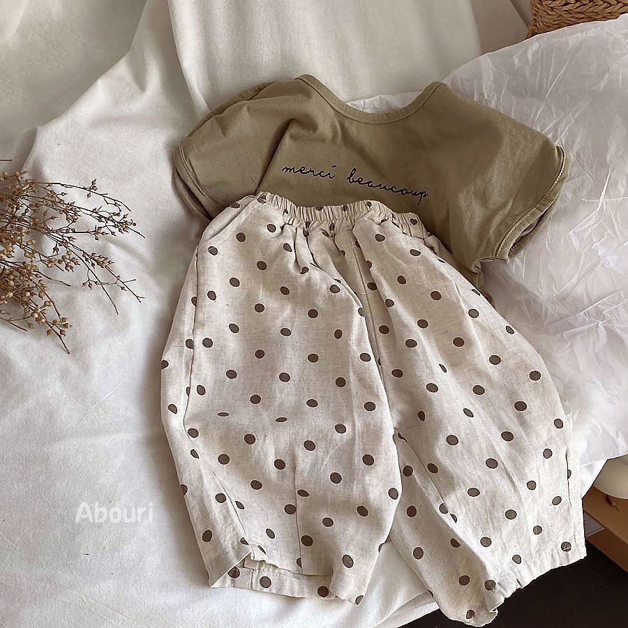 ฤดูร้อนเกาหลีรุ่นชายหญิงผ้าฝ้ายผ้าลินินหลวม Polka Dot กางเกงกลางเด็กเล็กกว้างขาสบาย Cropp