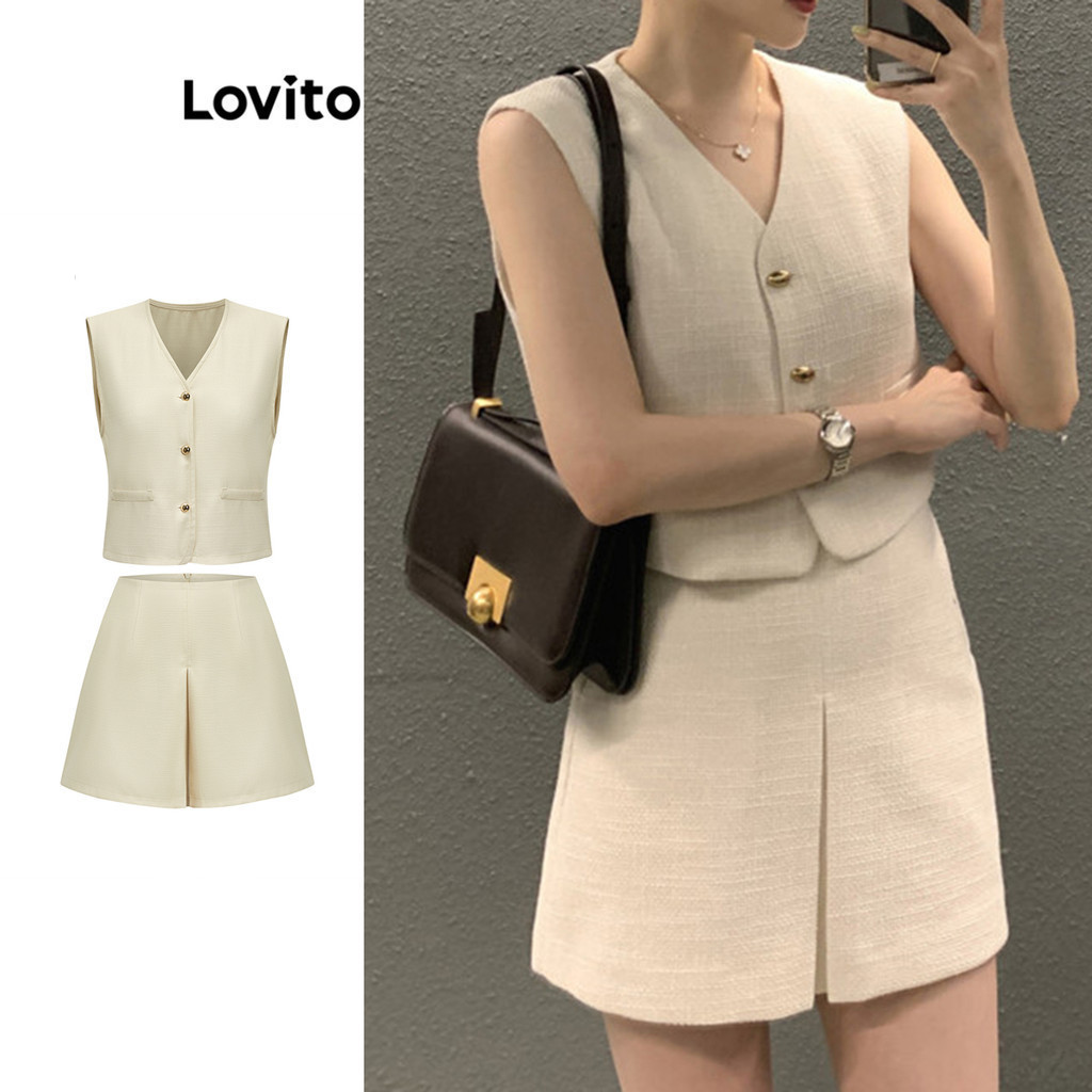 Lovito ชุดกระโปรงลําลองด้านบนจับจีบปุ่มธรรมดาหรือด้านล่างสําหรับผู้หญิง LBA82239