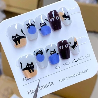 Handmade เล็บปลอมสั้น 10 ชิ้นพร้อมการออกแบบตาแมว, สีทึบและเรียบง่ายเล็บปลอมพร้อมเจลเยลลี่