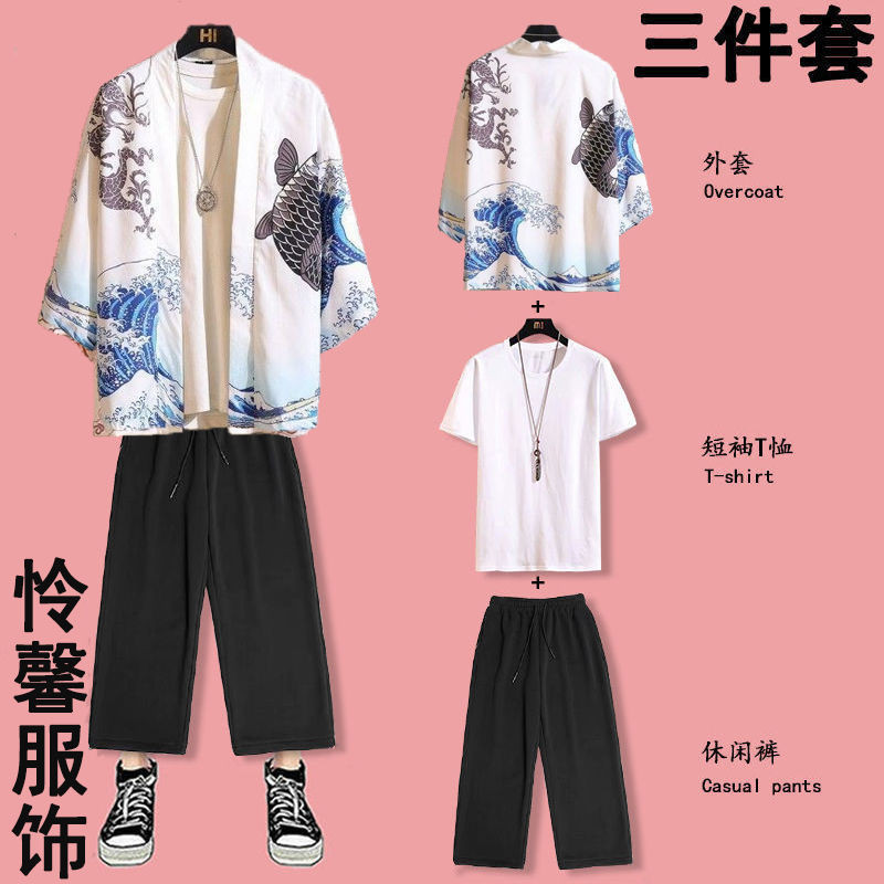 เสื้อคลุมกิโมโน พิมพ์ลายสุนัขจิ้งจอก เหมาะกับเดินชายหาด สไตล์ญี่ปุ่น แฟชั่นฮาราจูกุ สําหรับผู้หญิง และผู้ชาย  เสื้อคลุม  เสื้อสบาย ๆ 3 ชุด เสื้อยืด กางเกง - รูปที่ 4