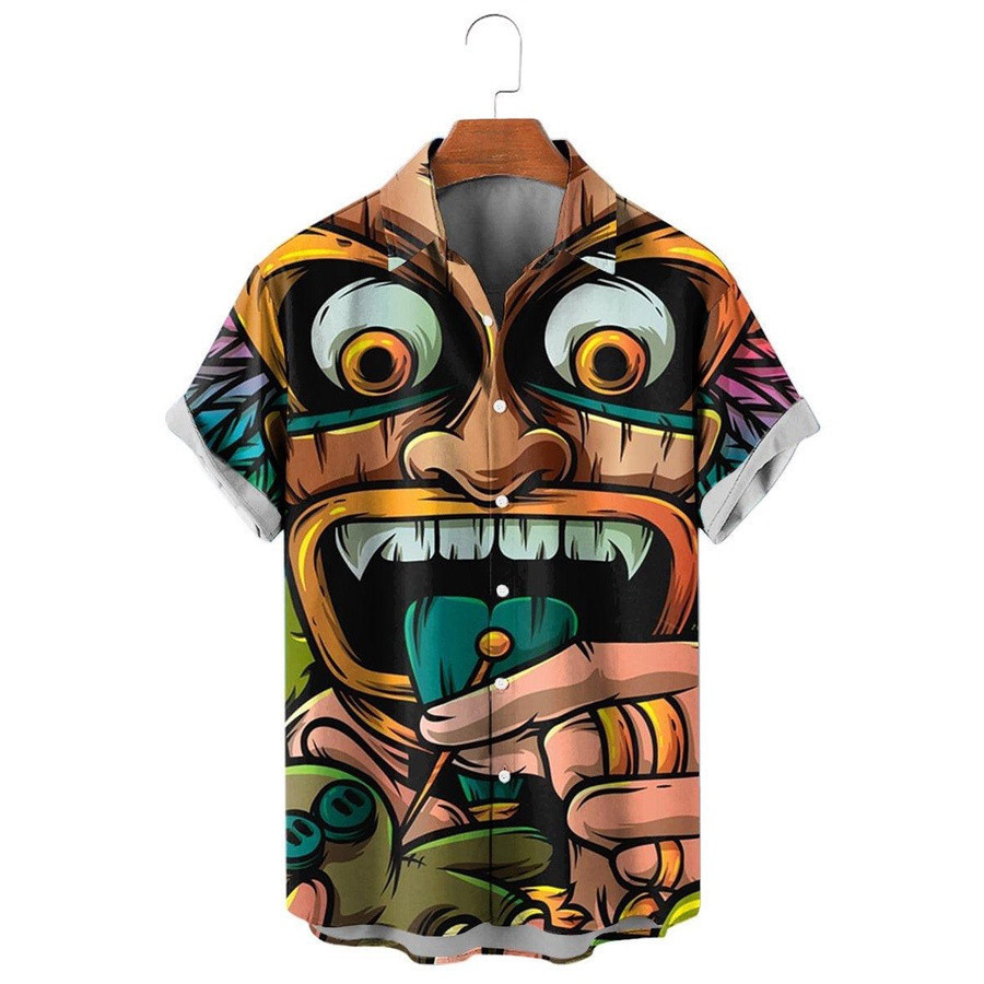 เสื้อฮาวายแขนสั้นผ้าฝ้าย พริ้ตตี้สเก็ตวェア ดีไซน์ 3D skull สำหรับชาย ขนาดใหญ่ สบายในฤดูร้อน เหมาะกับการไปทะเล