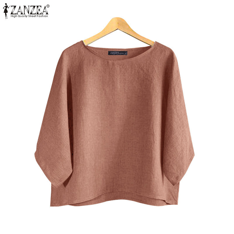 ZANZEA ซานเซีย ผู้หญิงเกาหลีลําลองรอบคอสีทึบแขนสามในสี่เสื้อ