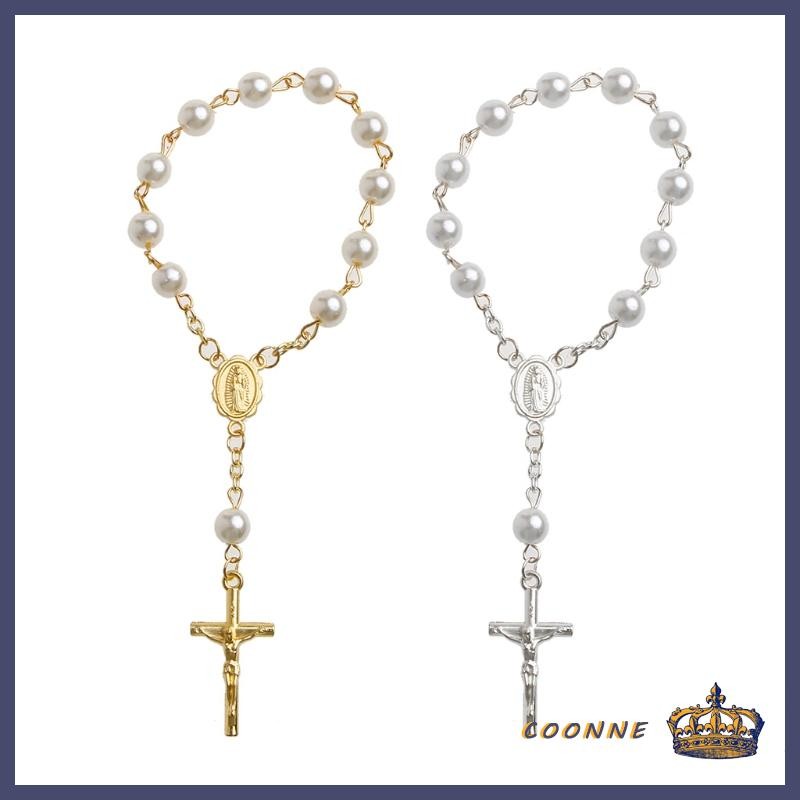Coonn คาทอลิกสําหรับ Cross Finger Chain Mini ลูกประคํานิ้วมือ Baptism Rosary Faux Pearls สร้อยข้อมือสําหรับ Baptism โปรดปราน Christ