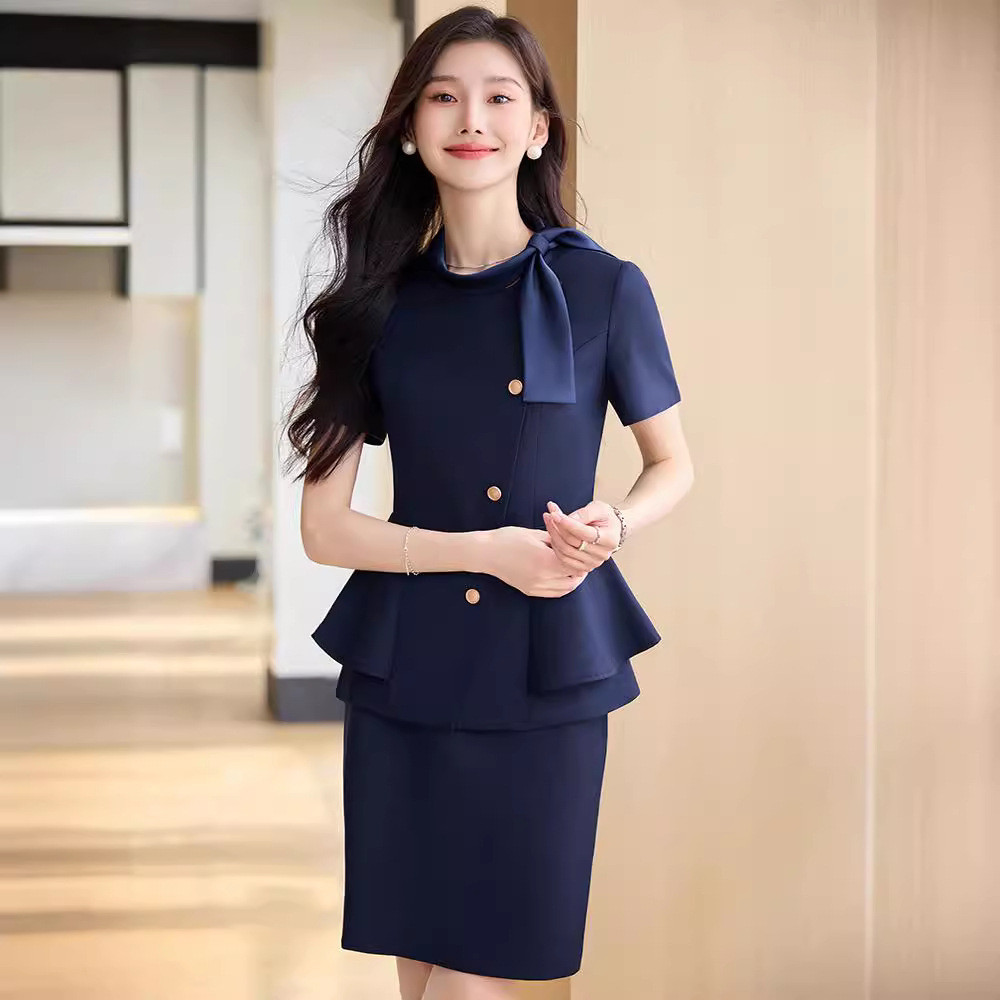 โรงแรมแผนกต้อนรับ ชุดทำงาน ฤดูร้อนสีฟ้าแขนสั้น สูทสำหรับ 여성 อารมณ์ร้านเครื่องประดับและร้านเสริมสวย การประชุมการทำงาน