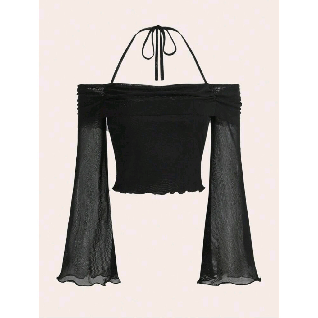 SC ICON Solid Halter Neck Lettuce Trim Mesh Spring Top Women