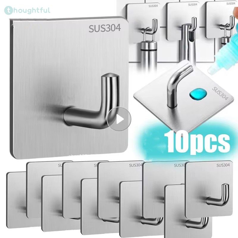 3/5/10pcs Stainless Steel Wall Hook Viscose Hanging Clothes Trunk Hook Non-perforated Strong Load-bearing Household Clothes Coat Hanger TH