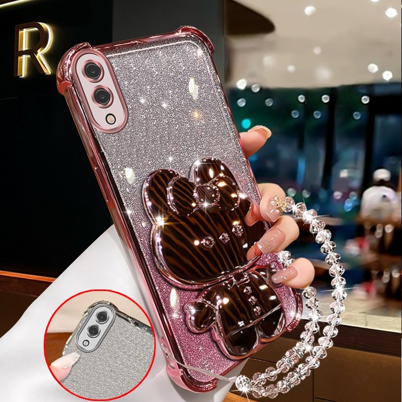 สําหรับ samsung a02 samsung m02 Soft Clear สี่มุมหนาชุบซิลิโคนเคสโทรศัพท์กระต่ายกระจกแต่งหน้าพร้อมที่วางซิลิโคนกรณี XXXDA