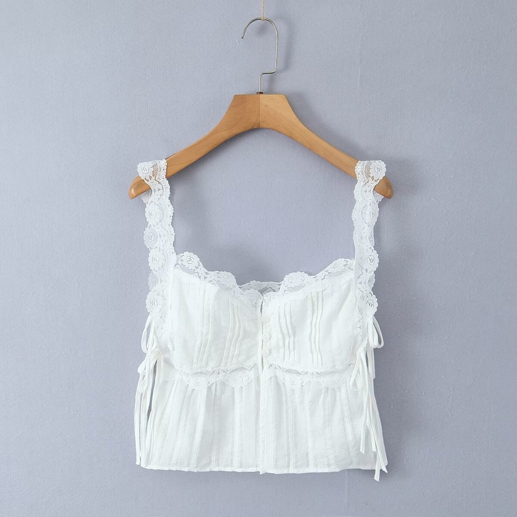 Uibey Lace Patchwork Bow Tie Buckle Top 9555