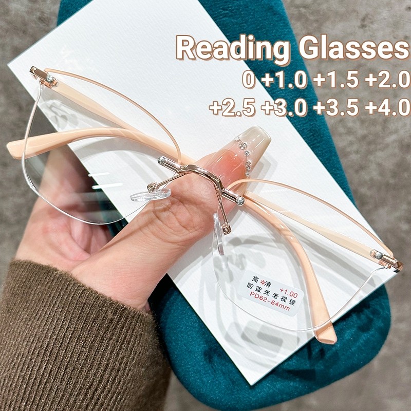 2025 แว่นตาอ่านหนังสือโลหะไร้กรอบป้องกันแสงสีฟ้าแว่นตาอ่านหนังสือความละเอียดสูงสําหรับผู้หญิงแสงอัลตร้าแว่นตาสบาย