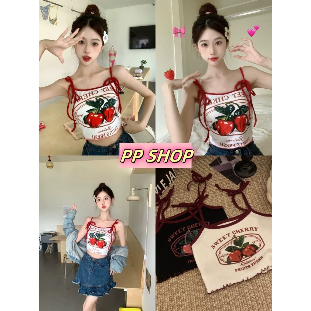 PP Shop​ ​พร้อมส่ง เสื้อสายเดี่ยว เข้ารูป ใส่สบาย สไตล์ลำลอง ลายเชอร์รี่ เสื้อครอป รูปแบบตัวอักษรแฟชั่นฤดูร้อน#M5552