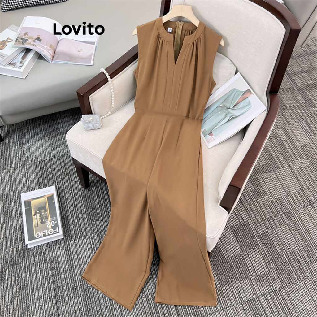 Lovito จั๊มสูทผู้หญิง เย็บตีเกล็ดหน้า สีพื้น สไตล์หรูหรา LNL70269