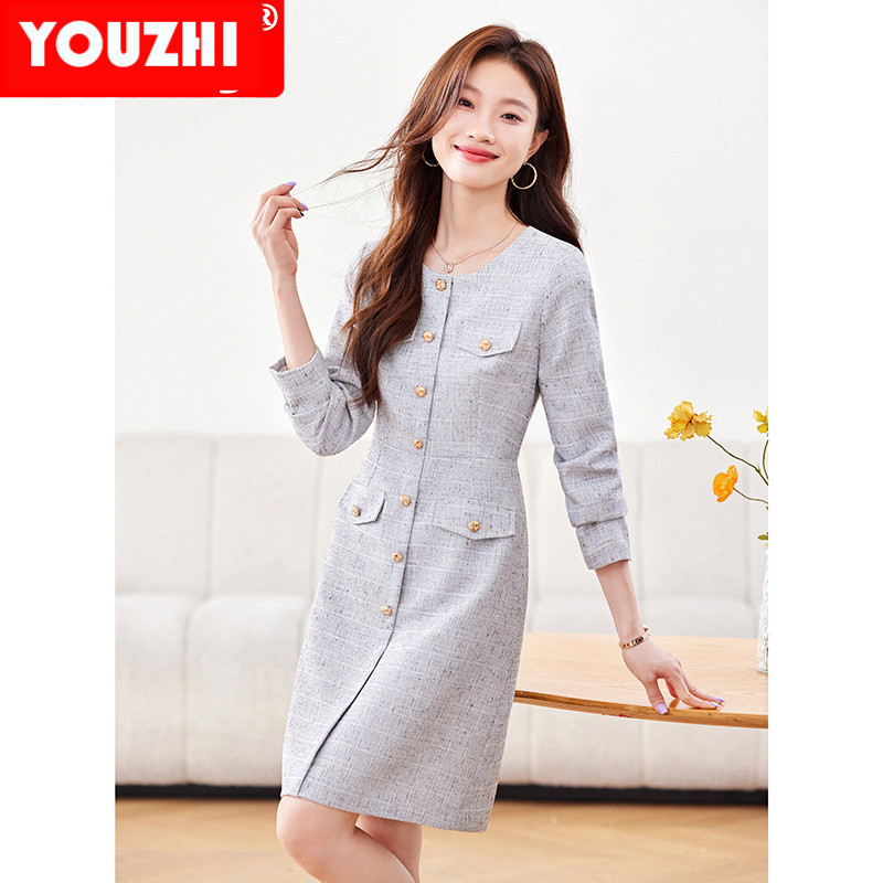 2024 ใหม่รอบคอผู้หญิงแขนยาวเอว cinching อารมณ์ชุดมืออาชีพเสื้อผ้าทํางาน slim BGF-217