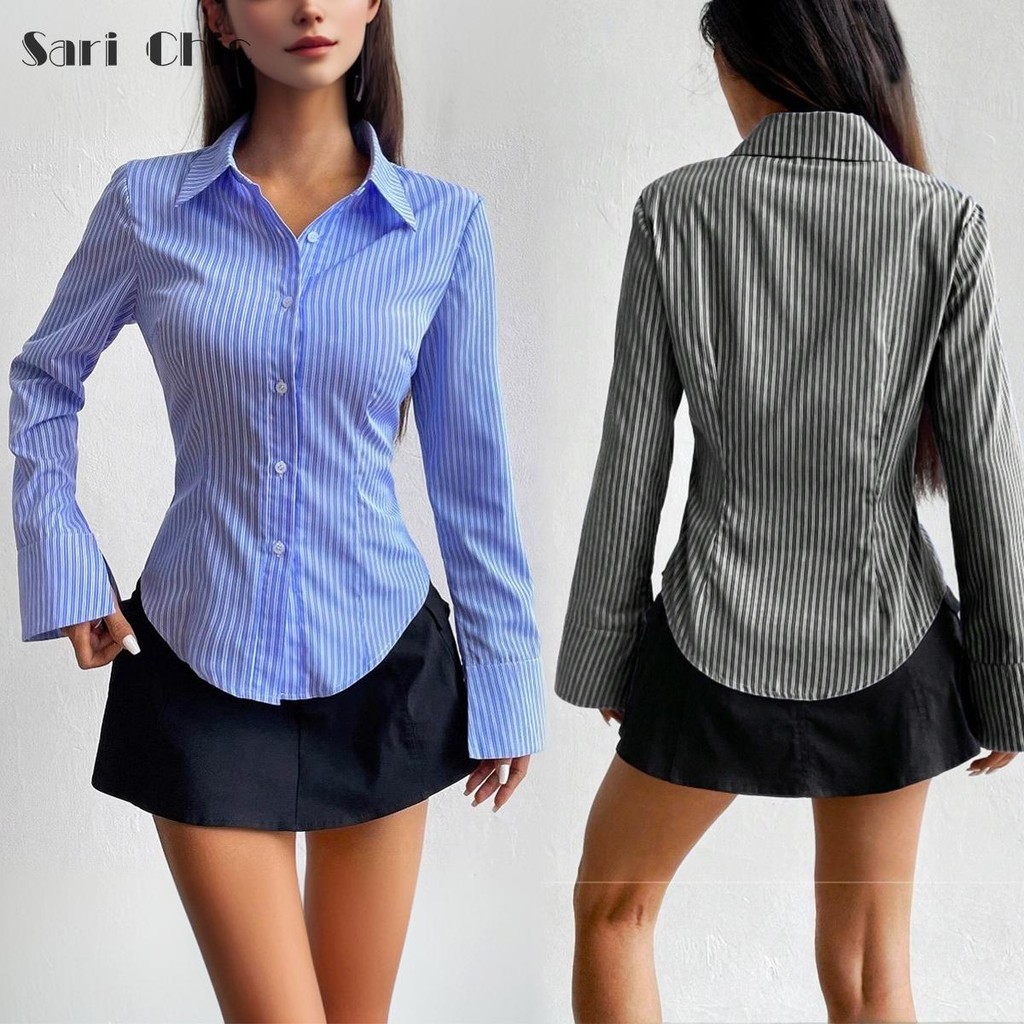 Chili Koko เสื้อเชิ้ตลายทางสีน้ำเงินแขนยาวสำหรับผู้หญิง เสื้อวินเทจ สลิมฟิต เสื้อแฟชั่นผู้หญิงกำลังฮิต W619