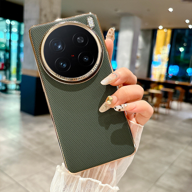 กรอบชุบด้วยไฟฟ้าสีทองเคสโทรศัพท์เนื้อสามเหลี่ยมสําหรับ Vivo X200 Ultra X200S X200 Pro Mini เลนส์รูขนาดใหญ่เกราะป้องกัน