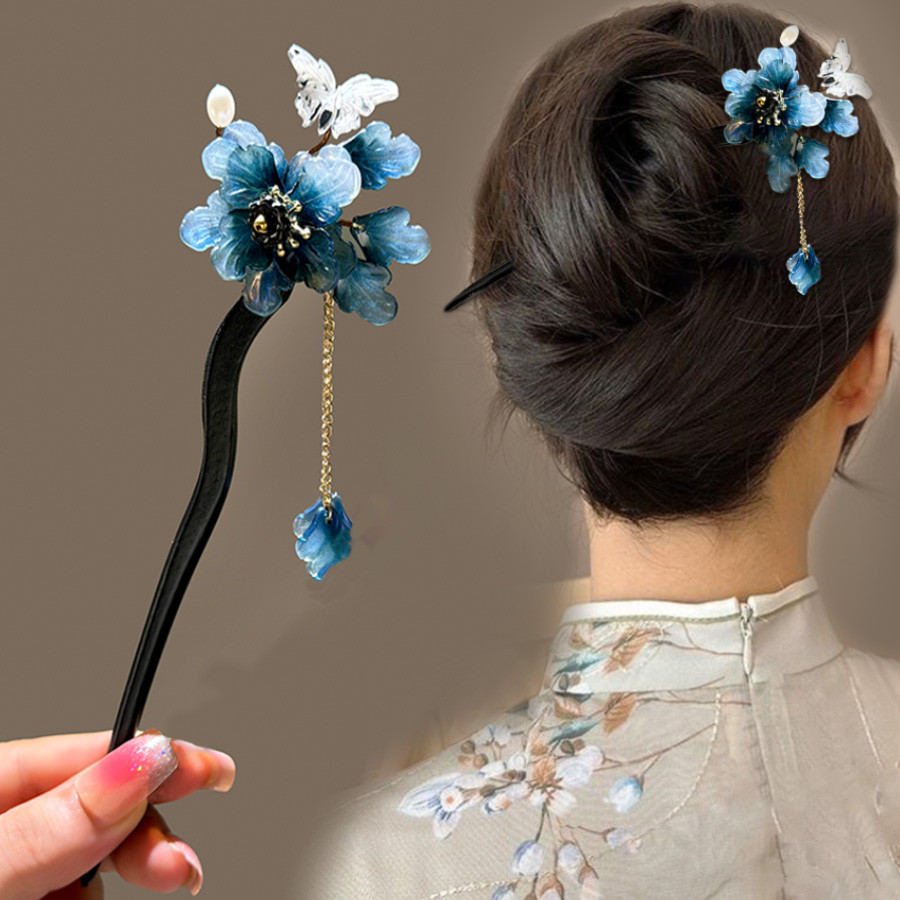 ใหม่สไตล์จีน Blue Begonia Hairpin โบราณ Rose Headdress Hairpin หญิงพู่ Step เขย่า Hairpin อุปกรณ์เสริมผม
