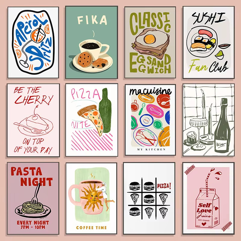 ห้องครัวที่ทันสมัยอาหารอร่อยพิซซ่าปลาซาร์ดีนกาแฟชายามบ่ายย้อนยุคโปสเตอร์ผ้าใบภาพวาดภาพผนังศิลปะตกแต่งบ้าน