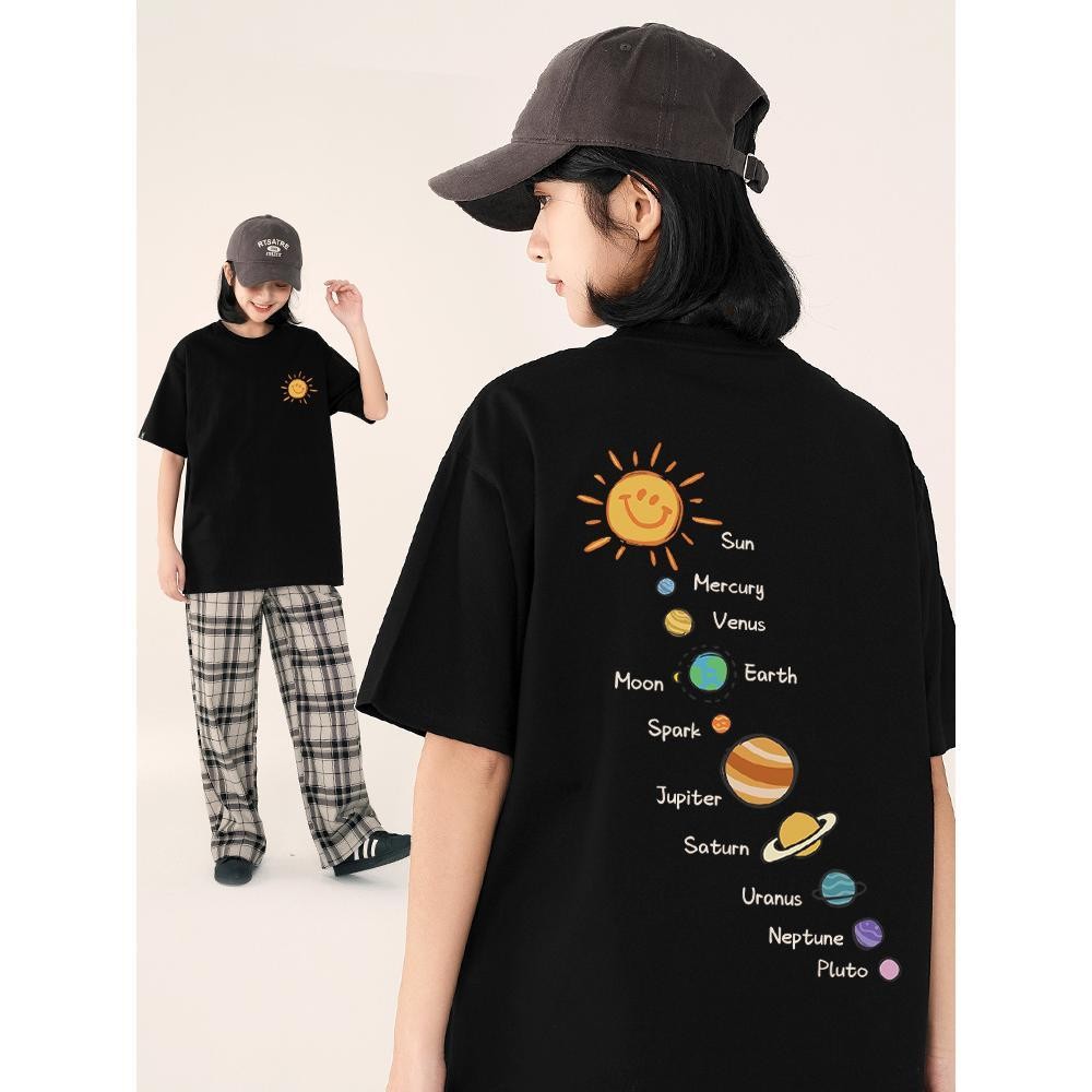 Papaya เสื้อยืด Oversize ลายระบบสุริยะจักรวาลสำหรับผู้หญิง ผ้าฝ้าย 100% ใส่สบายสไตล์เกาหลี WS1128 Cl