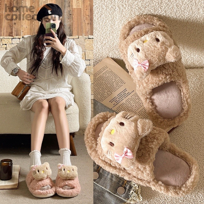 รองเท้าแตะในร่มผู้หญิง Hello Kitty รองเท้าใส่ในบ้าน รองเท้าแตะผ้าฝ้าย กันลื่น แบน