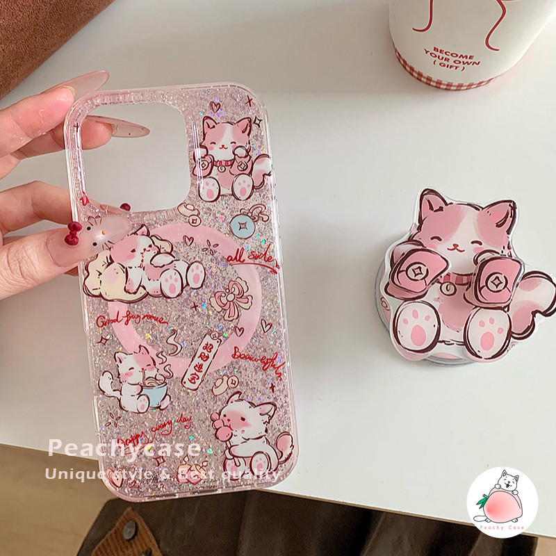 น่ารักหมุนได้สีแดง Rnvelope Cat Holder Stand Glitter เคสโทรศัพท์สําหรับ iPhone 16 15 14 13 Pro Max 16promax IMD กันกระแทกไร้สายชาร์จปกหลัง Shell