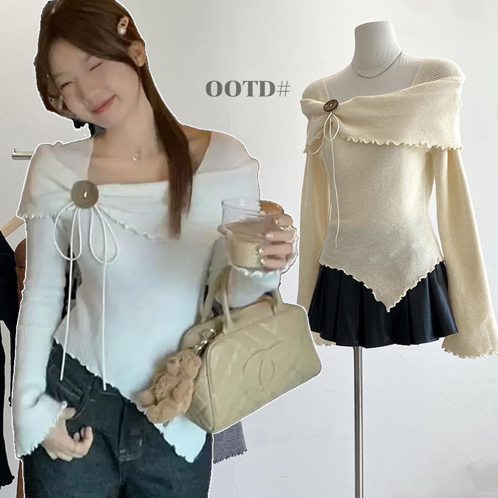 MIMI&DIDI#เสื้อปาดไหล่ไหมพรมแขนยาวครอปรัดรูปน่ารักๆ แฟชั่น เสื้อเชิ้ตวินเทจเปิดไหล่ ทรงเข้ารูป สำหรับผู้หญิง#95187-1