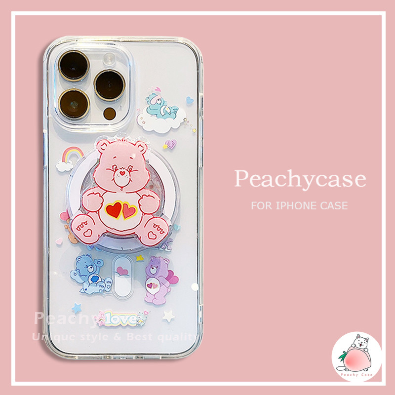 น่ารักหัวใจรักสายรุ้งหมีขาตั้งชาร์จไร้สายเคสโทรศัพท์เข้ากันได้สําหรับ ไอโฟน 16 15 14 13 มือโปร สูงสุด ไอโฟน16 กันกระแทกอะคริลิโปร่งใสปกปลอก
