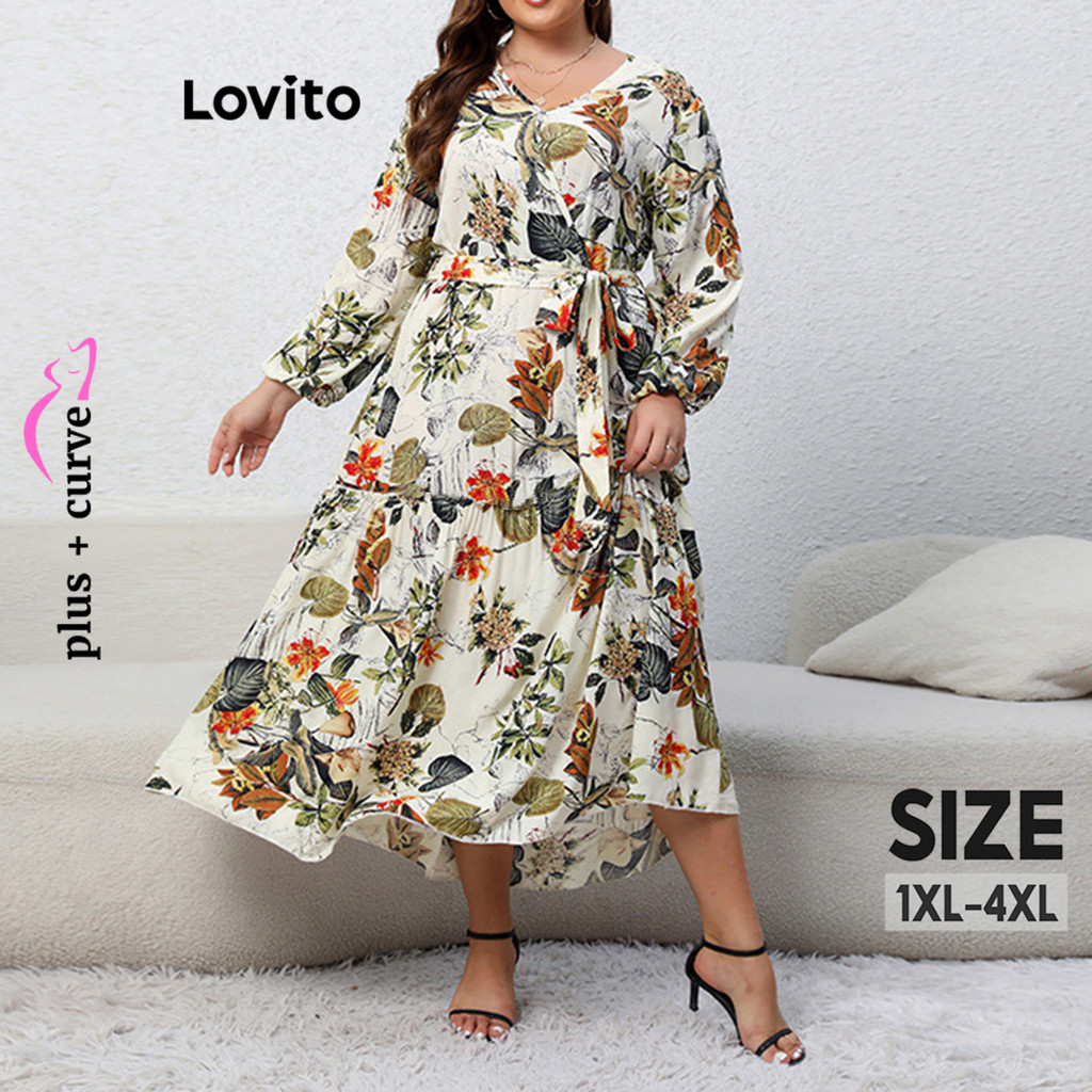 Lovito ชุดเดรสสาวอวบ ลายดอกไม้ แบบผูกเอว สไตล์หรูหรา LNL70364