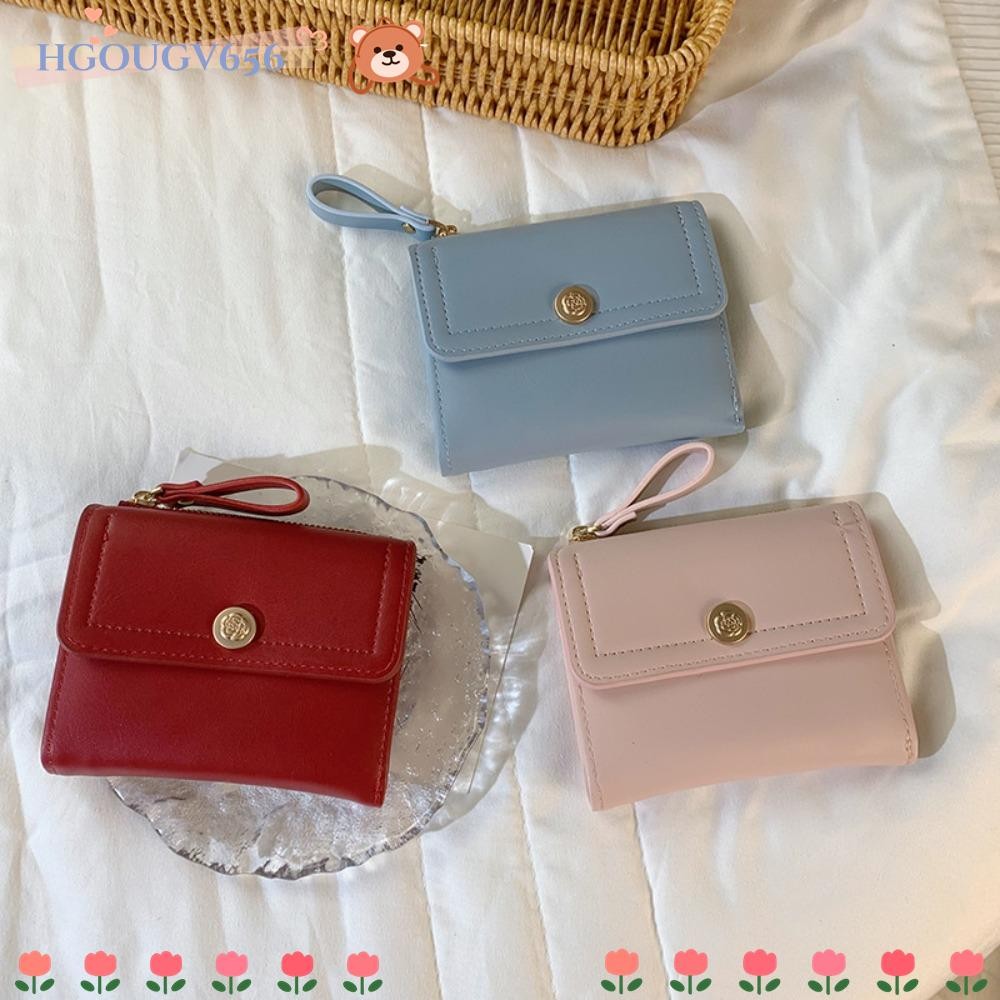 Hgougv656 กระเป๋าสตางค์ใบสั้น, กระเป๋าใส่เหรียญสีทึบ Trifold, กระเป๋าใส่บัตรปุ่ม Rose มัลติฟังก์ชั่นผู้หญิง