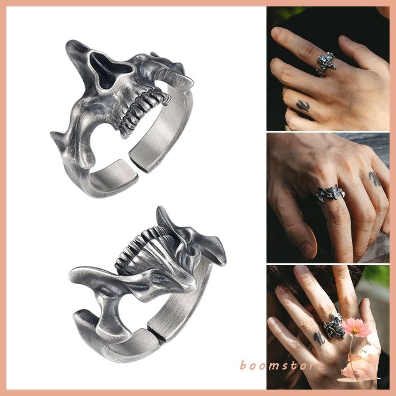 Boom Sophisticated Silver Black Skull Rings Vintage Cool Punk Gothic แหวนเครื่องประดับ