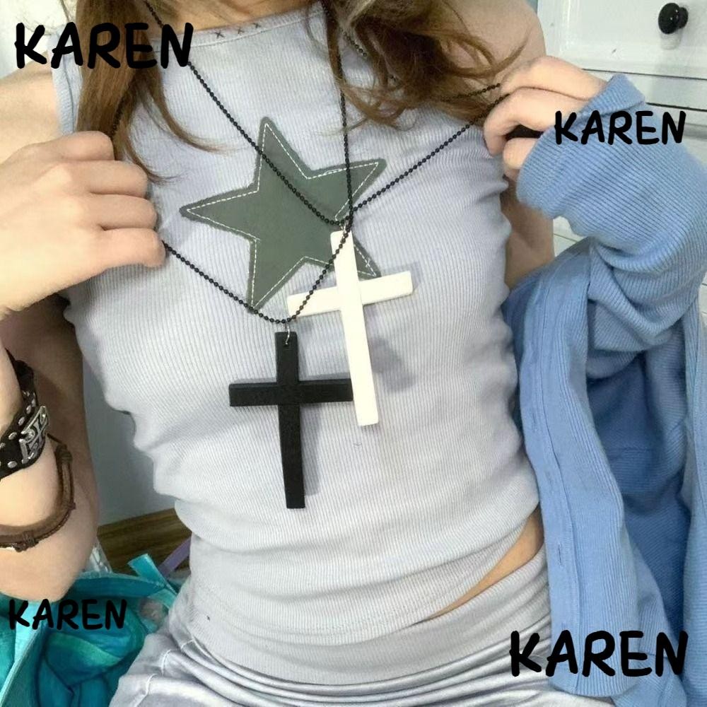Karen ไม้ข้ามจี้สร้อยคอ, Punk Gothic Y2k สร้อยคอฮิปฮอป, Vintage สีดําเสื้อกันหนาวของขวัญ