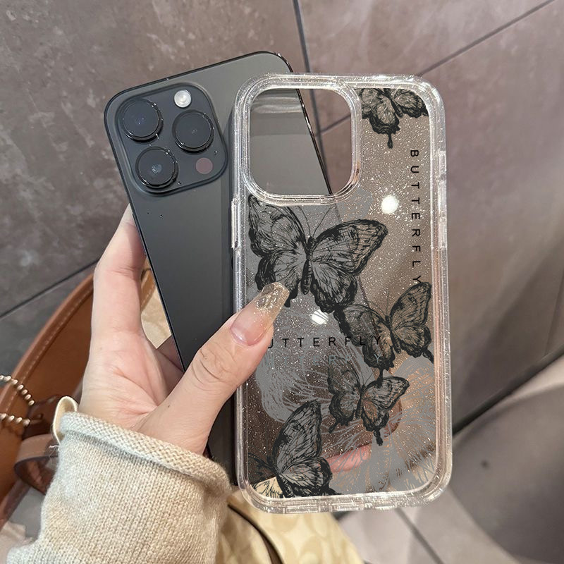 ผงเพชรแผ่นโปร่งใส เทรนด์แฟชั่น for iPhone11 12 13 14plus 15promax XR 12 13pro 14 7/8P XS 14 15Pro สเก็ตช์ผีเสื้อ