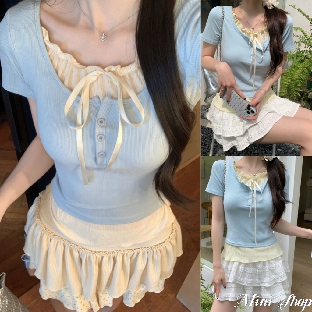 Mini shop พร้อมส่ง (E332)คอกลม สีอ่อน ดีไซน์ 2 ชั้น เสื้อยืดผู้หญิง ใส่สบาย