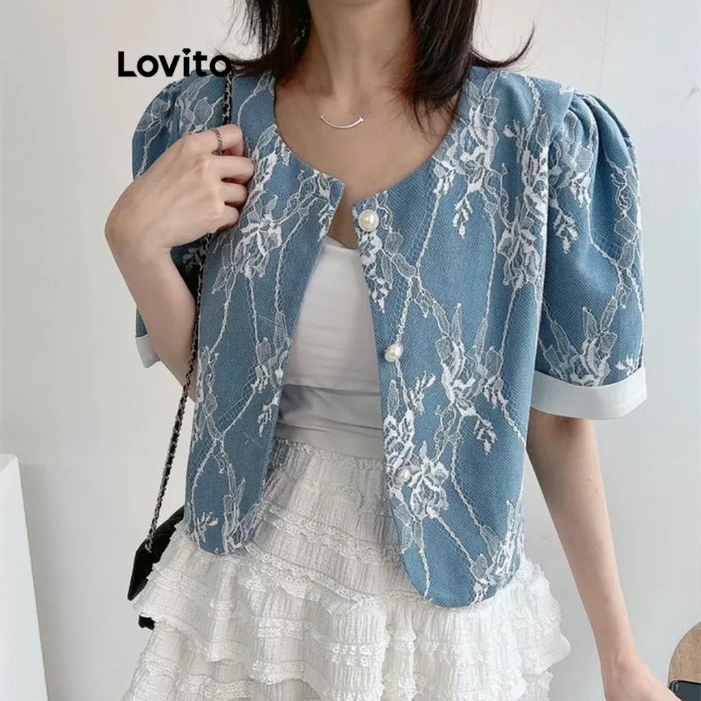 Lovito เบลเซอร์ผู้หญิง ลายเพสลีย์ ลูกไม้ LNA70707