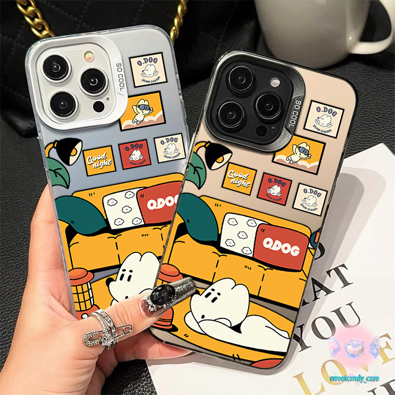 สําหรับ IPhone 11 16 15 14 13 12 Pro Xs Max XR X 6 7 Plus ปลอกการ์ตูนลูกสุนัข อย่างสบาย ๆ หรูหราหนังกันกระแทกปกอ่อน