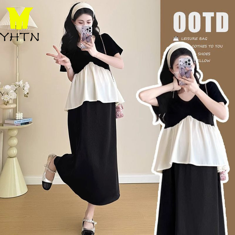 YHTN ชุดคลุมท้องฤดูร้อนแฟชั่นสไตล์เกาหลีหลวมปกปิดหน้าท้องแขนสั้นเสื้อกระโปรงพยุงหน้าท้องใส่ข้างนอกแบบสบายๆคุณแม่สุดฮอตครบชุด