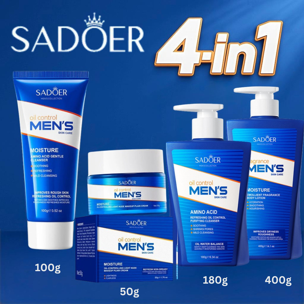 SADOER 4-in-1 Oil Control Mens Skin Care Set – โฟมล้างหน้า, ครีมทาหน้า, โลชั่นบํารุงผิวและครีมบางเบา