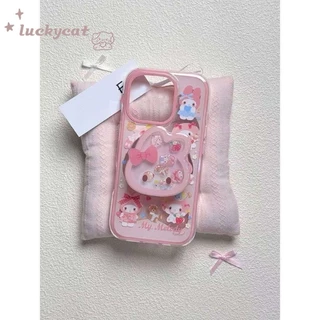 เข้ากันได้กับ iPhone 16 15 14 13 12 11 Pro Max X Xr Xs Max 7 8 Plus SE2020 เคสโทรศัพท์การ์ตูนน่ารักสีชมพูหวานโบว์กระต่าย + ขาตั้งฝาหลังนุ่ม