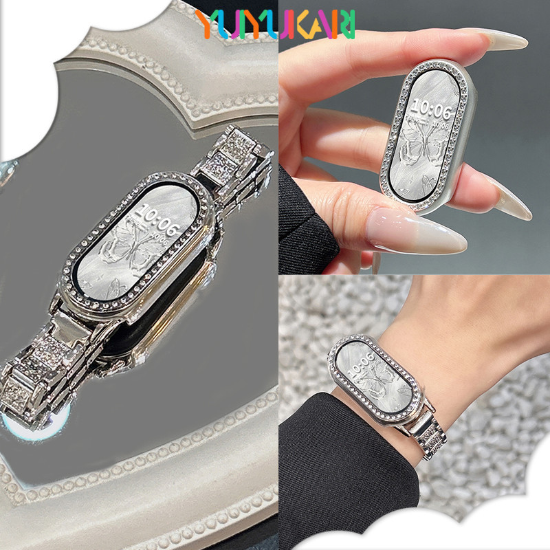 กรณี PC รูโดยไม่มีฟิล์มสำหรับ for Xiaomi Mi Band 9 10 NFC ป้องกัน Gores แข็งกันชน Bling เพชรป้องกันหน้าจอฝาอุปกรณ์เสริม