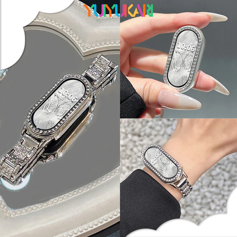 กรณี PC รูโดยไม่มีฟิล์มสำหรับ for Xiaomi Mi Band 9 10 NFC ป้องกัน Gores แข็งกันชน Bling เพชรป้องกันหน้าจอฝาอุปกรณ์เสริม