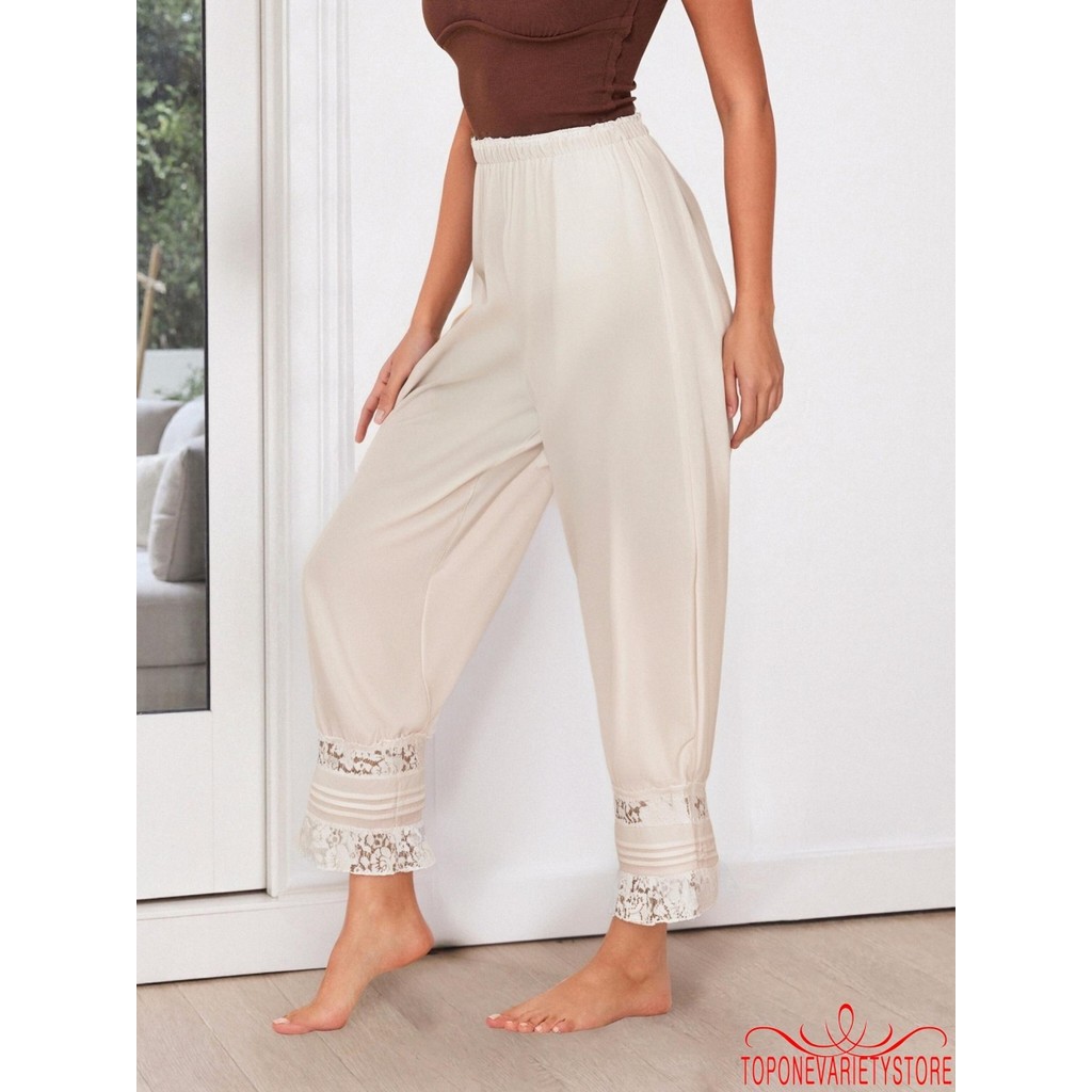 Topone-Women Cropped Pants Casual Thin Stylish Solid Lace Trim Loose Pants