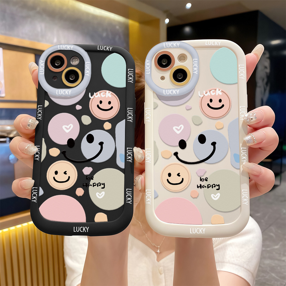 สต๊อกไทย เคสสำหรับไอโฟน13 ลายกลมหน้ายิ้มสดใส โชคดี เคสครอบเต็มกล้อง For IPhone 11 13 12 14 15 16 Pro 8 7Plus X XR XS Max