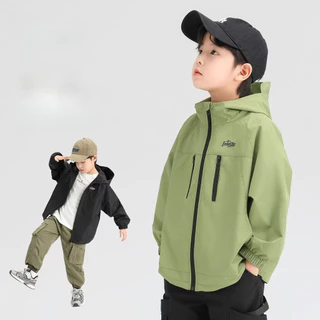 110-160 เสื้อแจ็คเก็ตมีฮู้ดกลางแจ้งกันน้ําสําหรับเด็กผู้ชาย