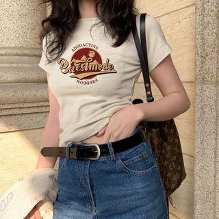 (COD ส่งจากไทย) baby tee เสื้อที-เชื่อผ้าฝ้ายแบบอเมริกันสำหรับผู้หญิง สไตล์แขนสั้น สีซันมีการพิมพ์ลายลักษณะ สำหร
